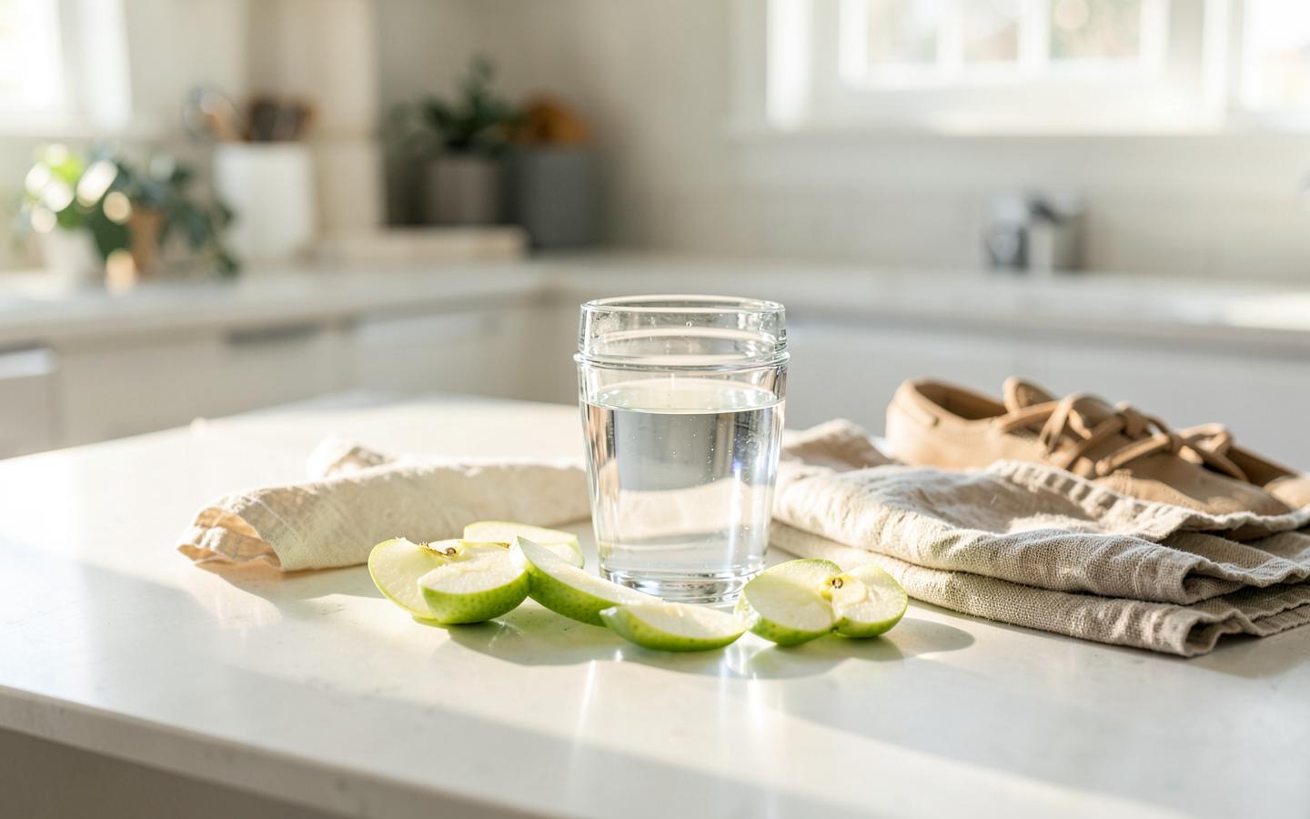Water and green apples prepared for a morning wellness routine
