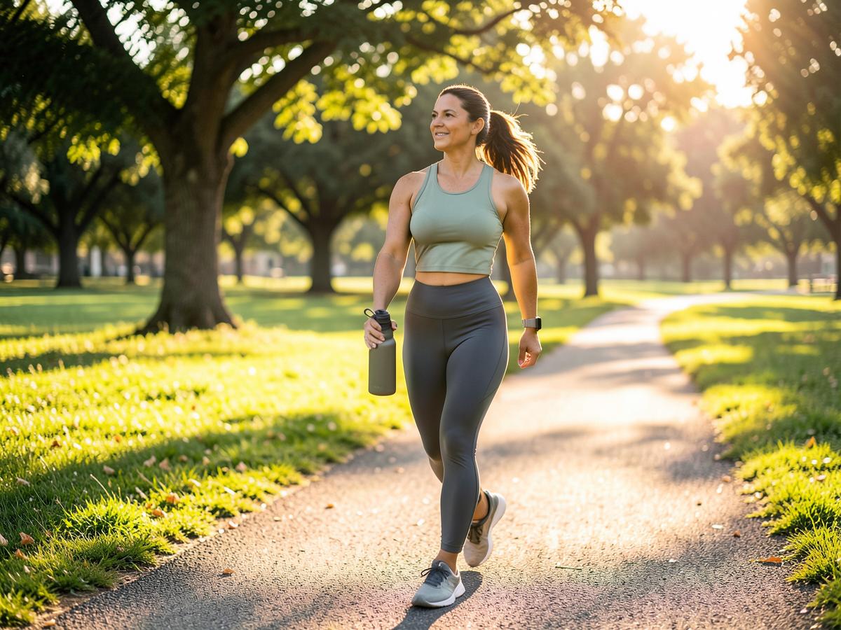 Woman enjoying a brisk morning walk with water